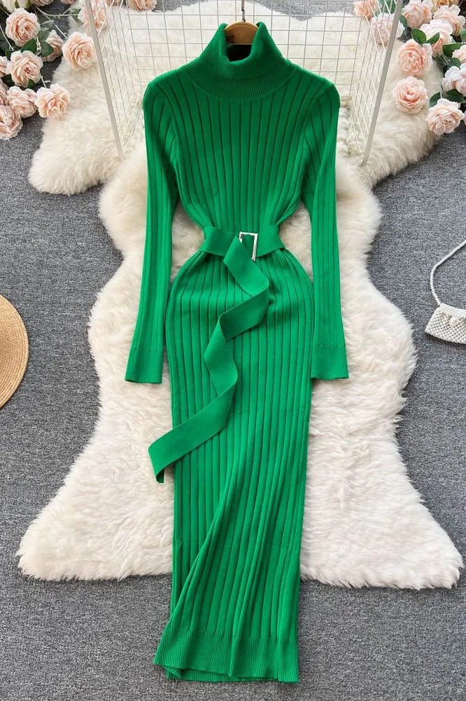 Women Dress Elegant Turtleneck Knitted Sweater Dress with Belt Lady Wrap Hips Bodycon