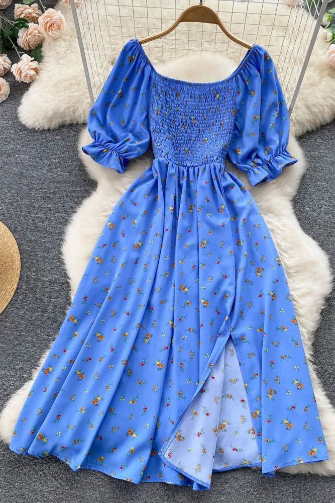 Women Dress Fashion Romantic Floral Print Split Long Dress