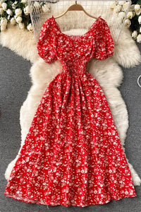 Women Dress Fashion V-Neck Puff Sleeve Floral Print Elastic Corset Dress