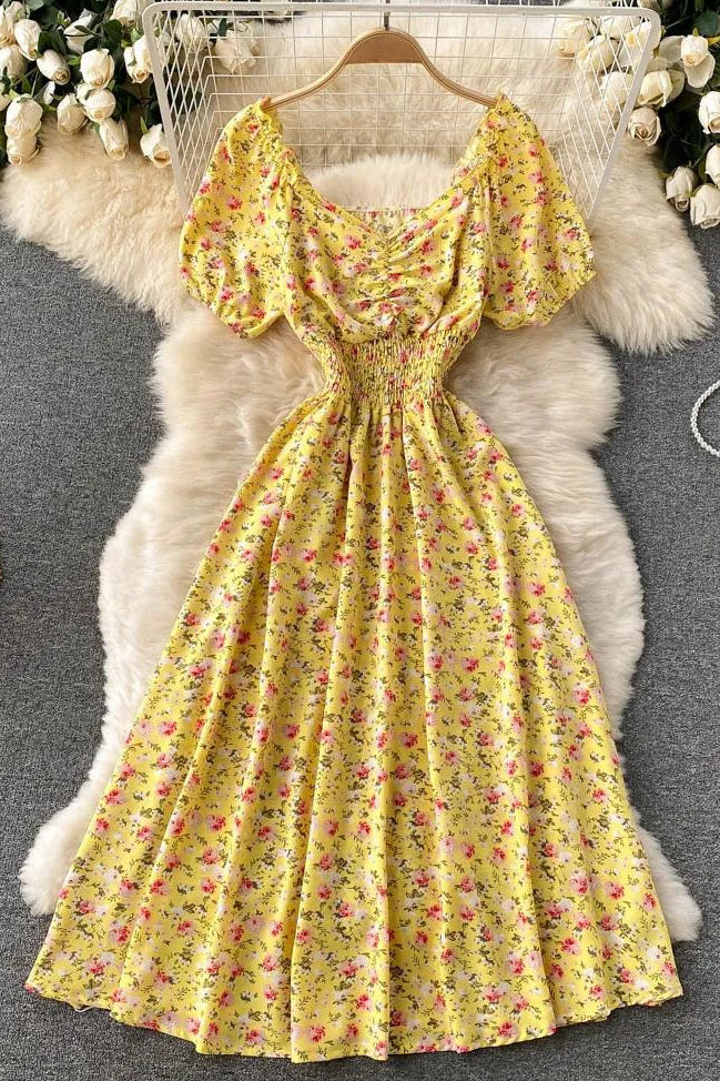 Women Dress Fashion V-Neck Puff Sleeve Floral Print Elastic Corset Dress