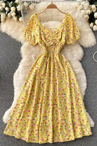 Women Dress Fashion V-Neck Puff Sleeve Floral Print Elastic Corset Dress