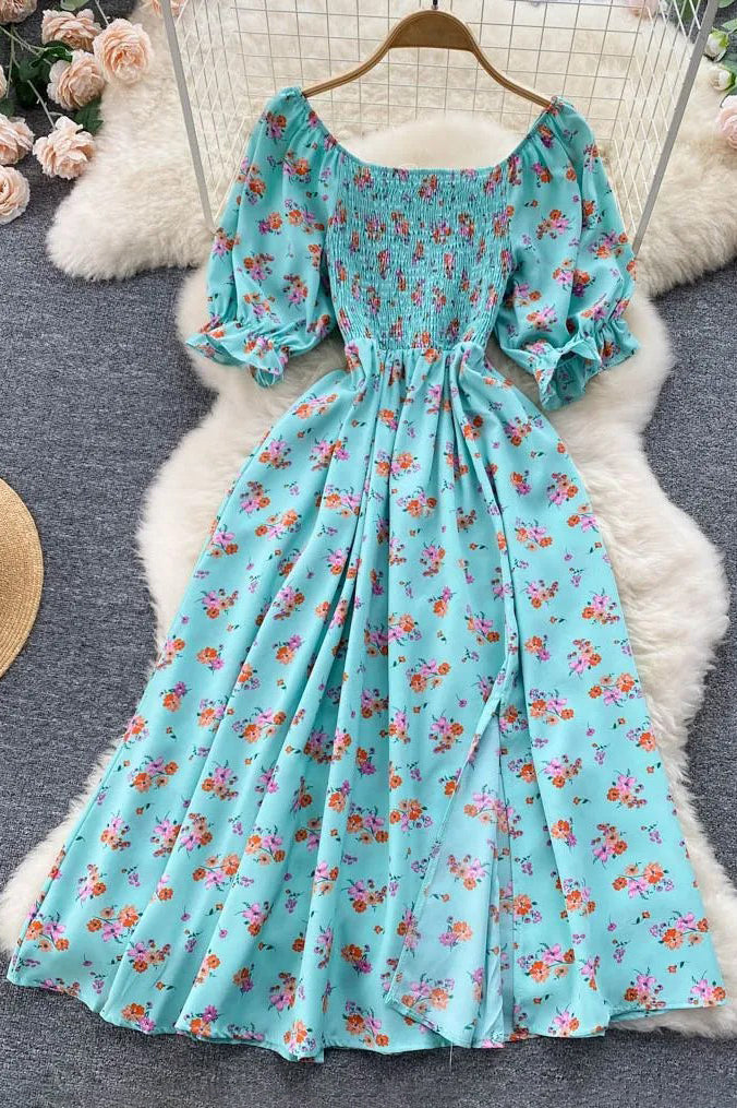 Women Dress Fashion Romantic Floral Print Split Long Dress