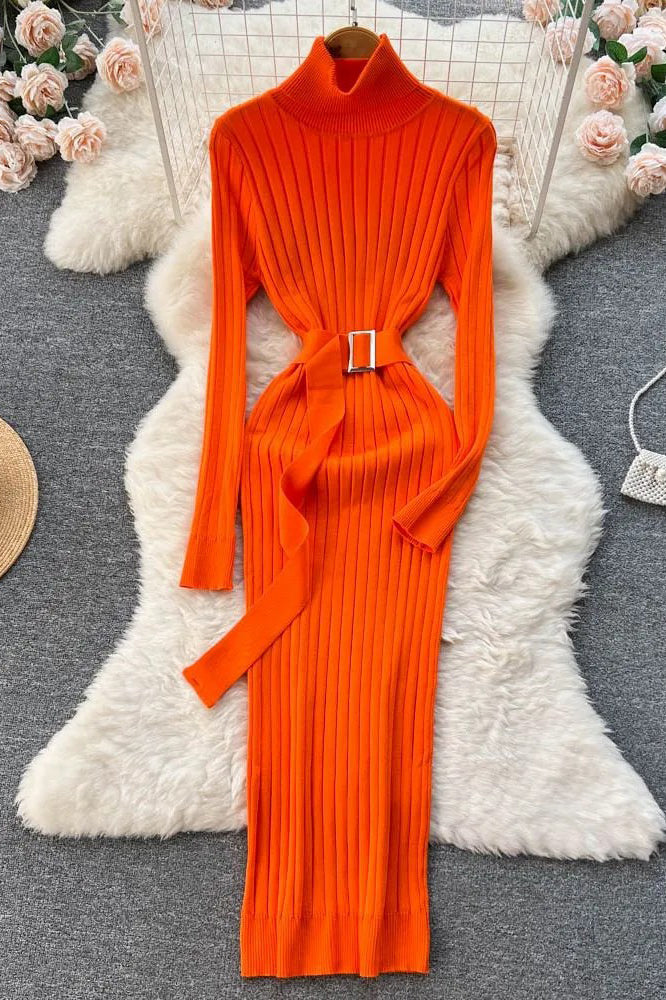 Women Dress Elegant Turtleneck Knitted Sweater Dress with Belt Lady Wrap Hips Bodycon