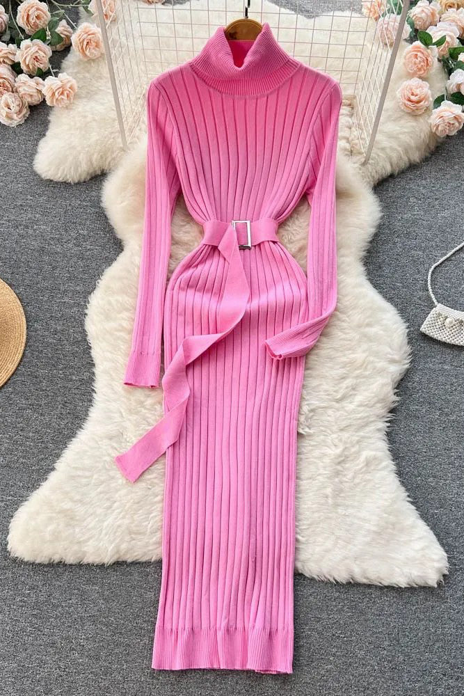 Women Dress Elegant Turtleneck Knitted Sweater Dress with Belt Lady Wrap Hips Bodycon
