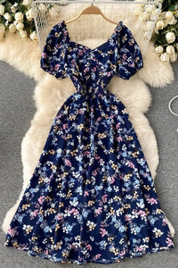 Women Dress Fashion V-Neck Puff Sleeve Floral Print Elastic Corset Dress
