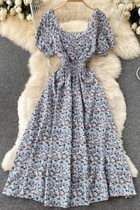 Women Dress Fashion V-Neck Puff Sleeve Floral Print Elastic Corset Dress