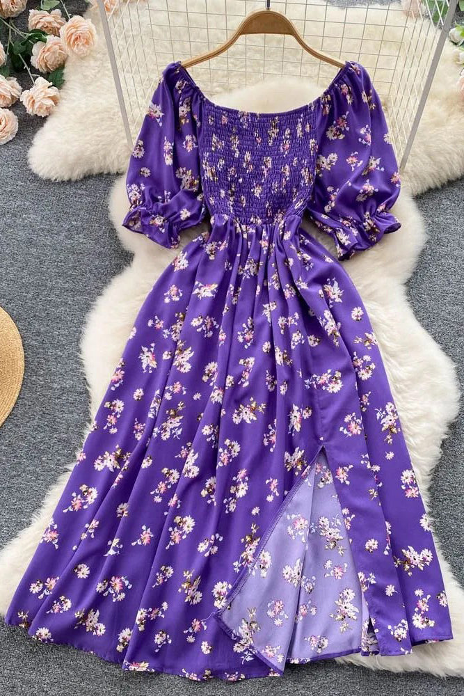 Women Dress Fashion Romantic Floral Print Split Long Dress