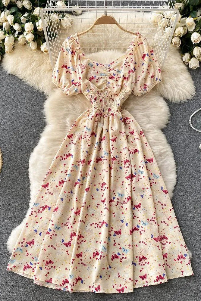 Women Dress Fashion V-Neck Puff Sleeve Floral Print Elastic Corset Dress