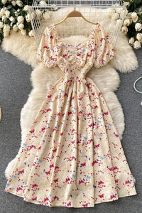 Women Dress Fashion V-Neck Puff Sleeve Floral Print Elastic Corset Dress