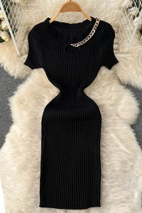 Fashion Women Hollow Out Elastic Mini Dress Chains O-neck Knitted Dress