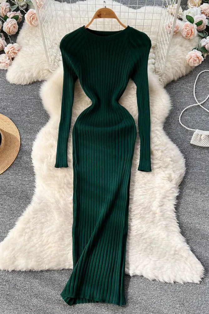 Women Long Sleeve Knitted Dress O Neck Slim Elastic Oversized Bodycon Sweater Dress