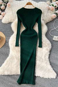 Women Long Sleeve Knitted Dress O Neck Slim Elastic Oversized Bodycon Sweater Dress