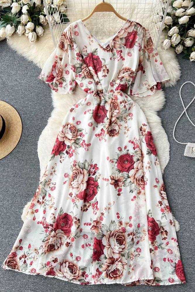Women Dress Fashion Romantic Floral Print Long Chiffon Dress – TOP SHOW