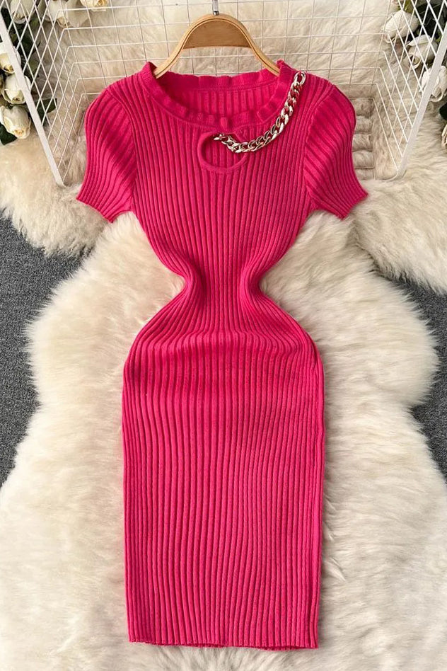 Fashion Women Hollow Out Elastic Mini Dress Chains O-neck Knitted Dress