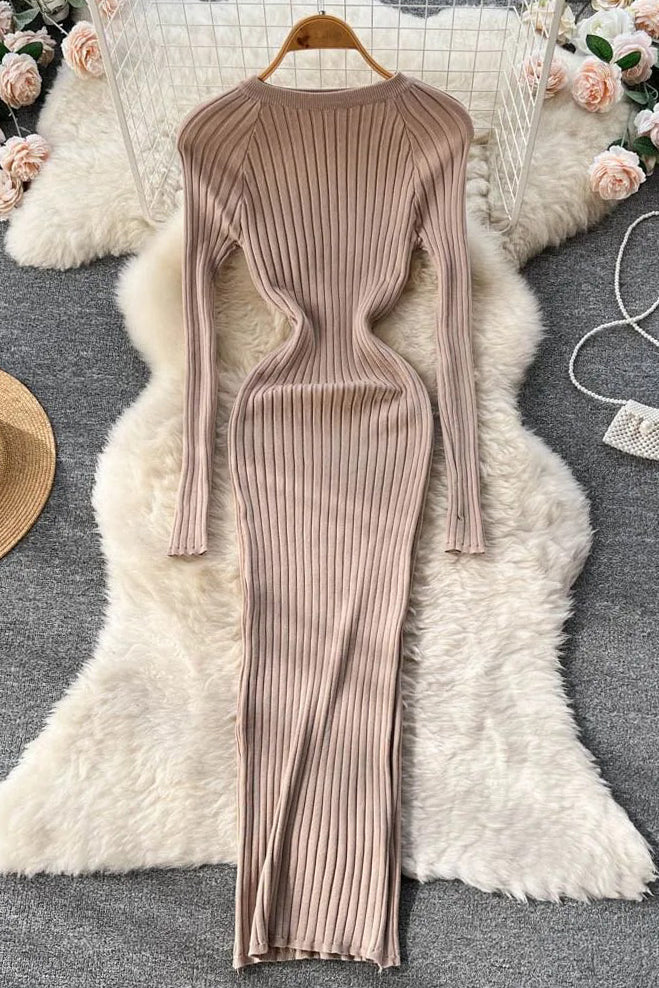 Women Long Sleeve Knitted Dress O Neck Slim Elastic Oversized Bodycon Sweater Dress