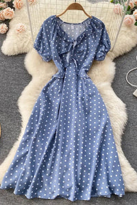 Women Print Polka Dot Dress Retro Puff Sleeve V-neck Elegant Dress