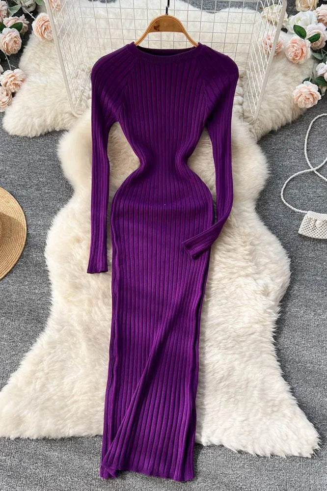 Women Long Sleeve Knitted Dress O Neck Slim Elastic Oversized Bodycon Sweater Dress