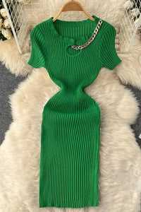 Fashion Women Hollow Out Elastic Mini Dress Chains O-neck Knitted Dress