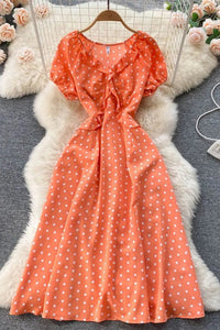 Women Print Polka Dot Dress Retro Puff Sleeve V-neck Elegant Dress