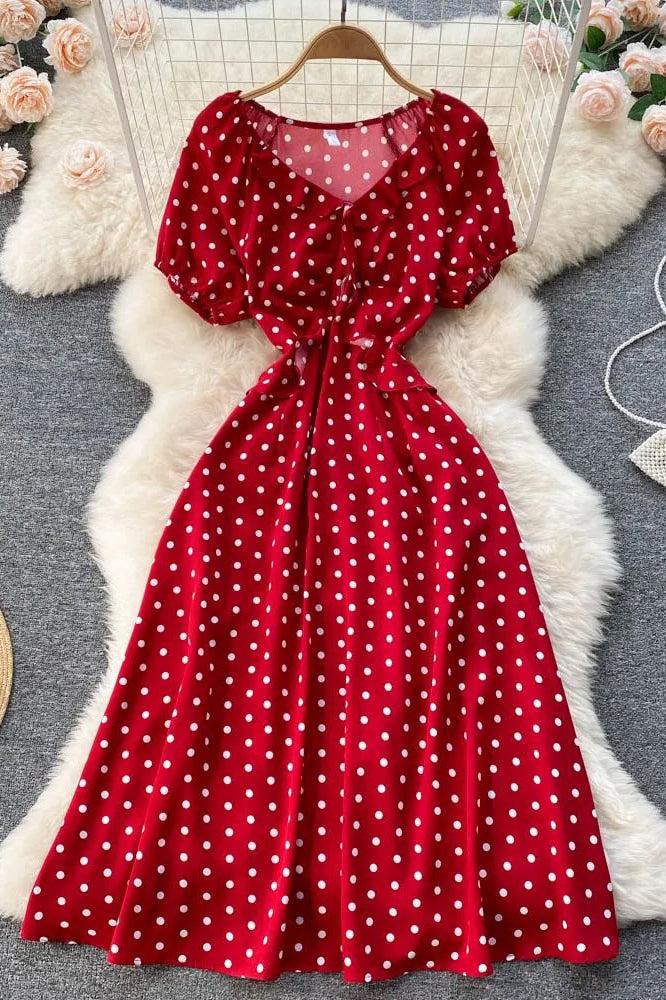 Women Print Polka Dot Dress Retro Puff Sleeve V-neck Elegant Dress