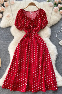 Women Print Polka Dot Dress Retro Puff Sleeve V-neck Elegant Dress