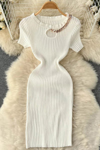 Fashion Women Hollow Out Elastic Mini Dress Chains O-neck Knitted Dress
