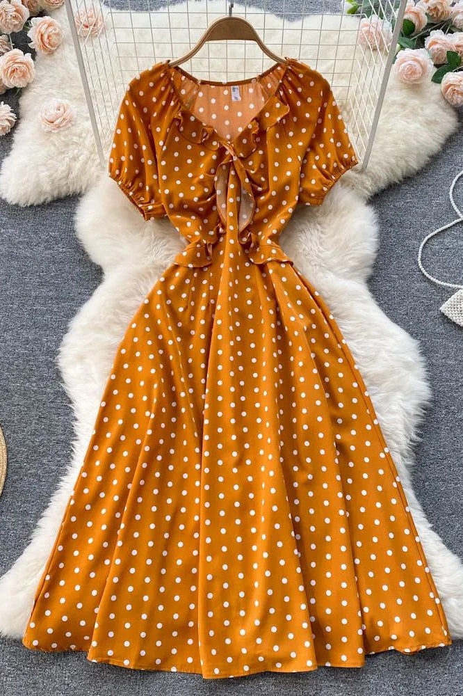 Women Print Polka Dot Dress Retro Puff Sleeve V-neck Elegant Dress