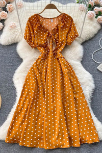 Women Print Polka Dot Dress Retro Puff Sleeve V-neck Elegant Dress