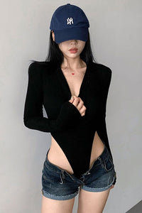 Fashion Women Buttons V-Neck Long Sleeve Tight Bodysuit