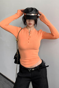 Women Fashion Buttons Neck Long Sleeve Top Tee