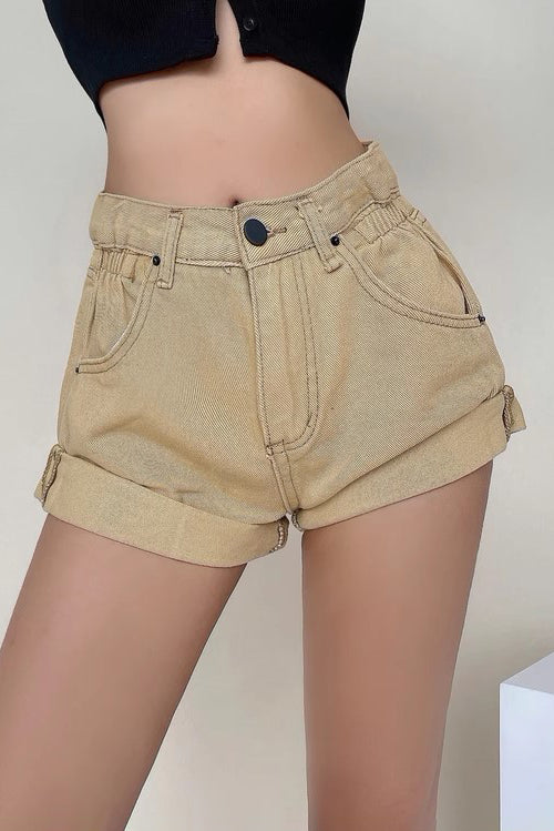 Retro High Waist Rolled Hem Loose Denim Shorts