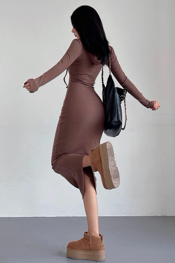 Hooded Skirt With Waistband For Slimming And Buttocks Wrapped Knit Long Dress