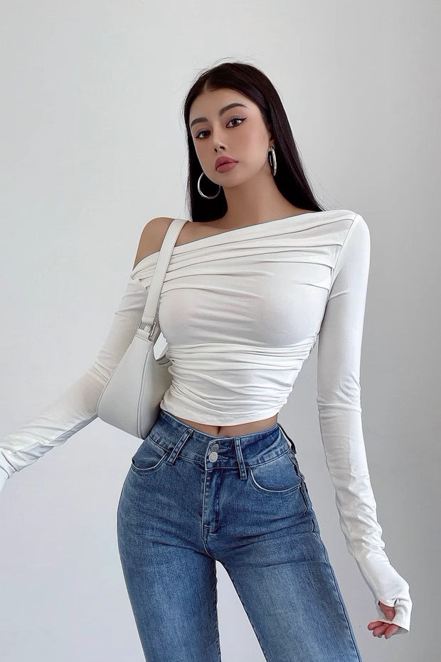 Tight Off Shoulder Pleated T-Shirt