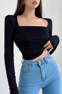 Pleated Waist Tight Square Neck Long Sleeved Top