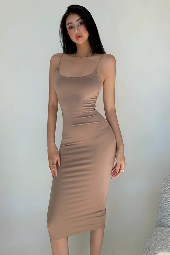 Sexy Tight Strap Dress Solid Color Hip Wrap Long Dress