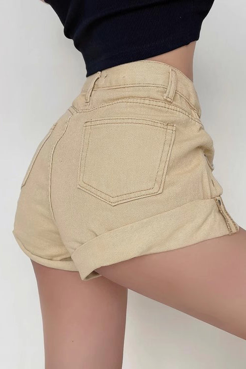 Retro High Waist Rolled Hem Loose Denim Shorts