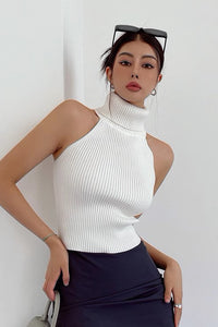 Fashion High Collar Sleeveless Knitted Tank Top Tight Top