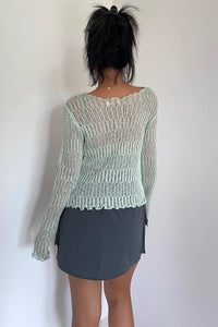 Hollow Out Wooden Ear Edge V-Neck Long Sleeved Knitted Top