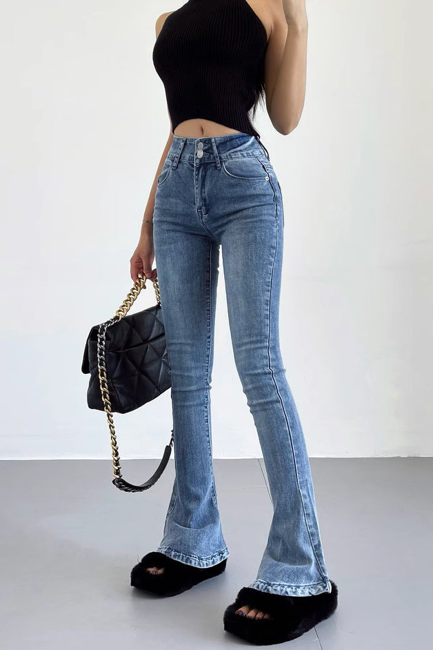 High Waist Stretch Flared Hem Jeans Pants