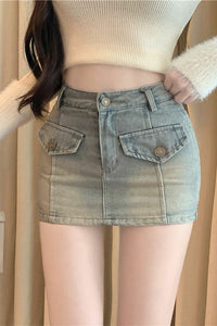 Women Retro High Waist Denim Skirt