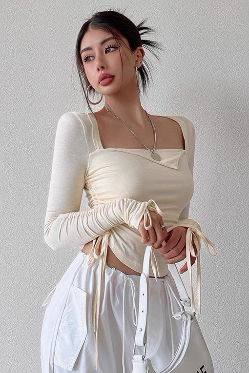 Sexy Drawstring Pleated Long Sleeved Top