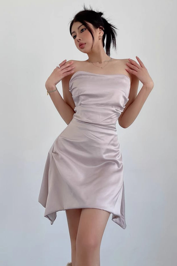 Sexy Satin Pleated Waistband Strapless Mini Dress