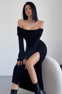 Sexy Off Shoulder Brushed Large Polo Collar Split Hem Long Dress