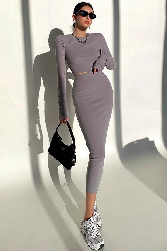 Casual Round Neck Long Sleeved Top And Skirt Two-Piece Set