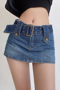 Vintage Wide Belt A-Line Denim Sexy Mini Skirt
