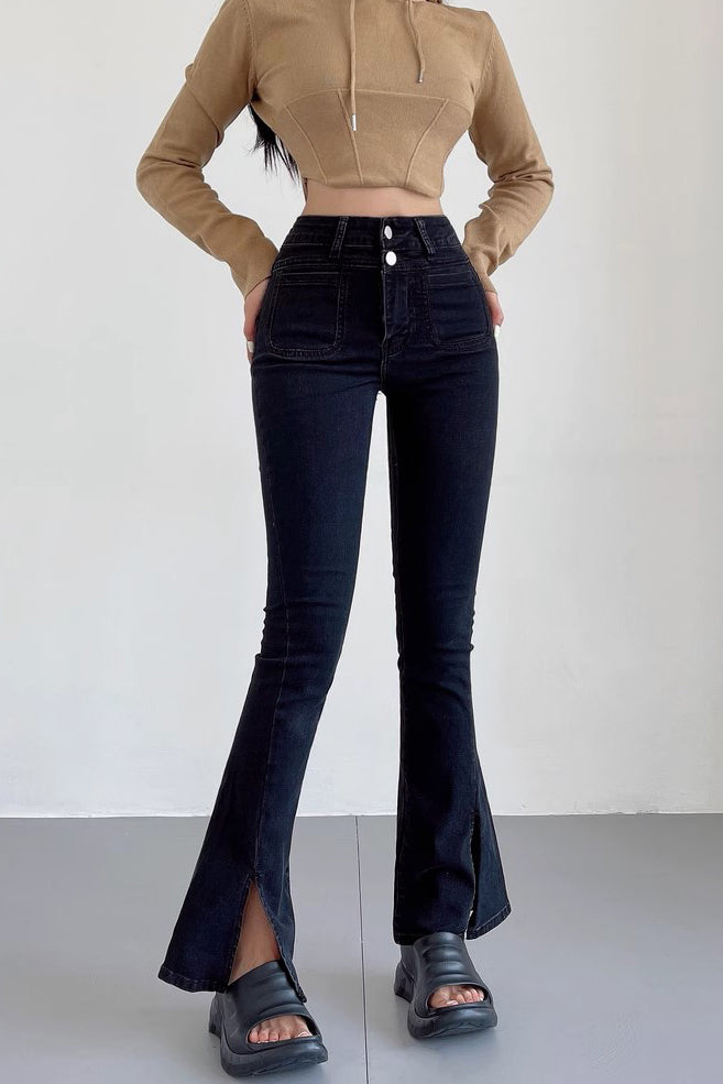 Split Hem Flare Leg High Waist Skinny Jeans Pants