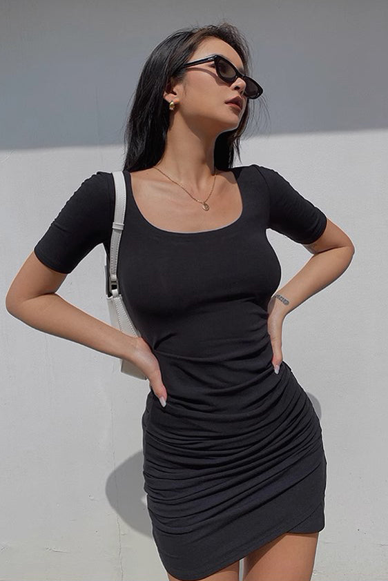 Sexy Low Cut Pleated Asymmetrical Round Neck Short Sleeved Hip Wrap Dress