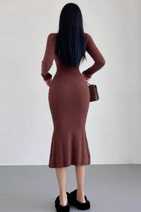 Sexy Round Neck Long Sleeved Buttocks Wrapped Fishtail Dress
