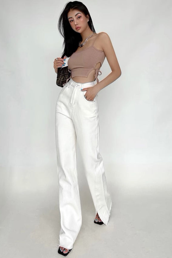 Fashion Design Front And Back Split Jeans High Waist Loose Straight Wide Leg Pants Jeans