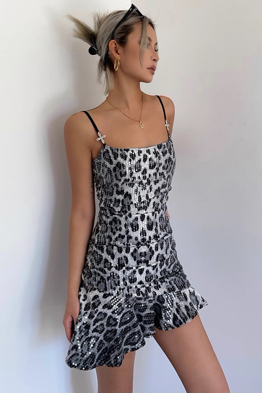 Sequin Leopard Print High Waisted Suspender Dress